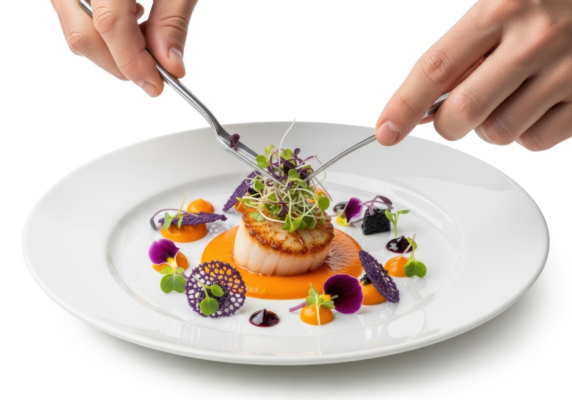 Hands plating a dish