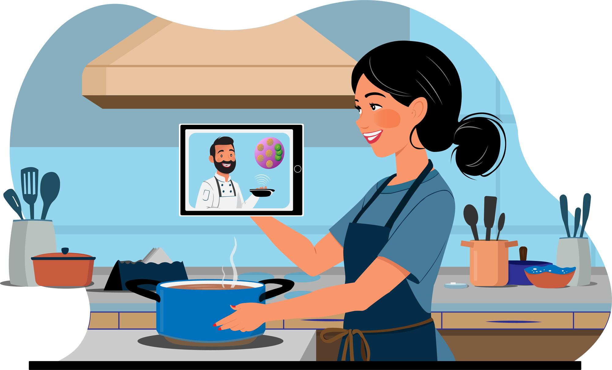 Chef teaching an online class with calm studio background